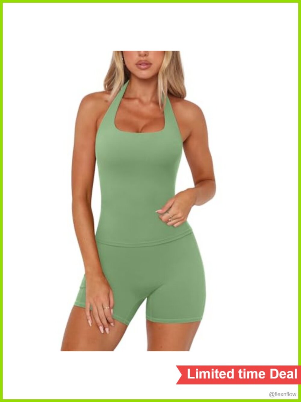 2 Piece Workout Sets Halter Top with Built in Bra High Waisted Biker Shorts